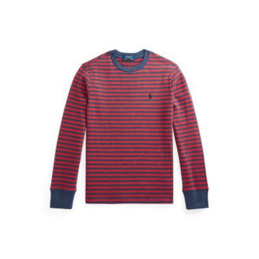 Big Boys Striped Waffle-Knit Long-Sleeve Tee - Evening Post Red, Classic Navy